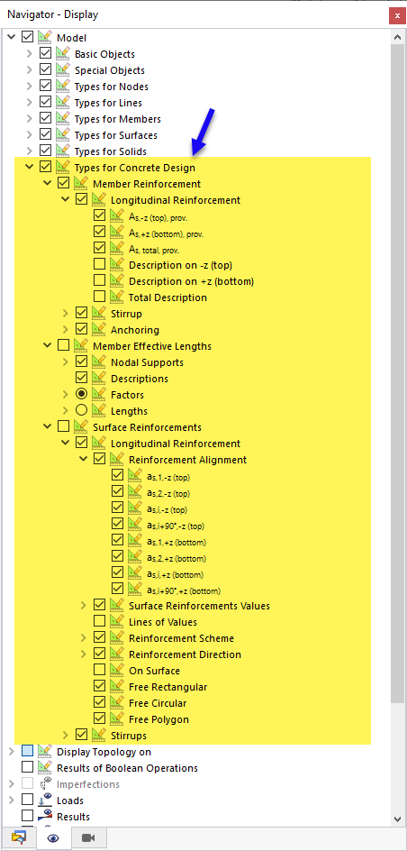 Opciones de visualización para tipos de diseño de hormigón