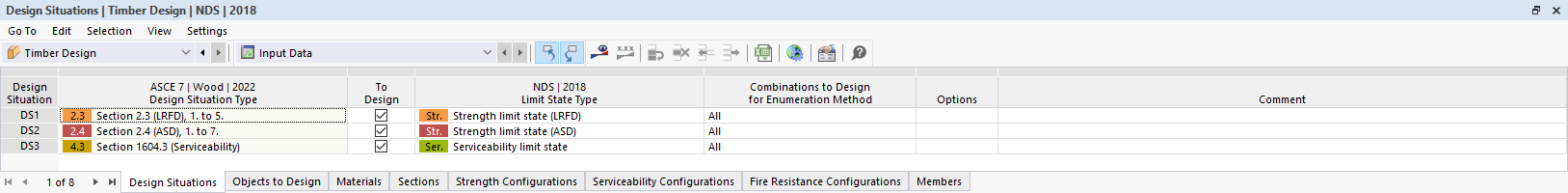 Tabla de entrada para situaciones de proyecto en Timber Design