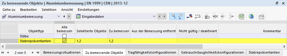 Eingabetabelle für zu bemessende Objekte in der Aluminiumbemessung