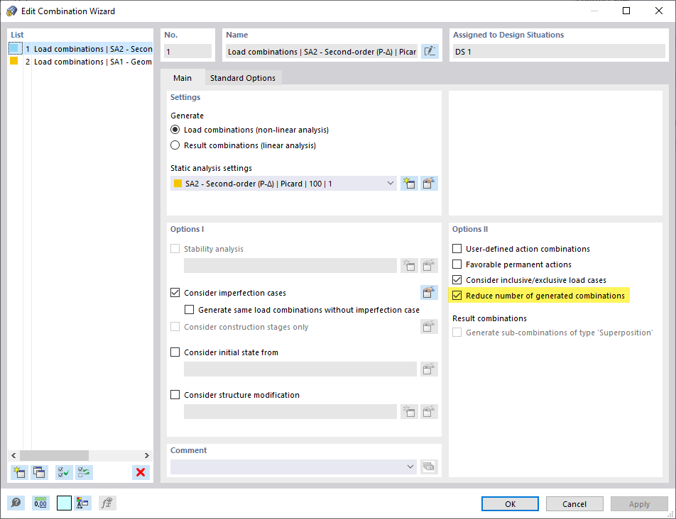 FAQ 005203 | ¿Dónde puedo activar la reducción de combinaciones de carga en RFEM 6? ¿Y cómo funciona esta reducción?