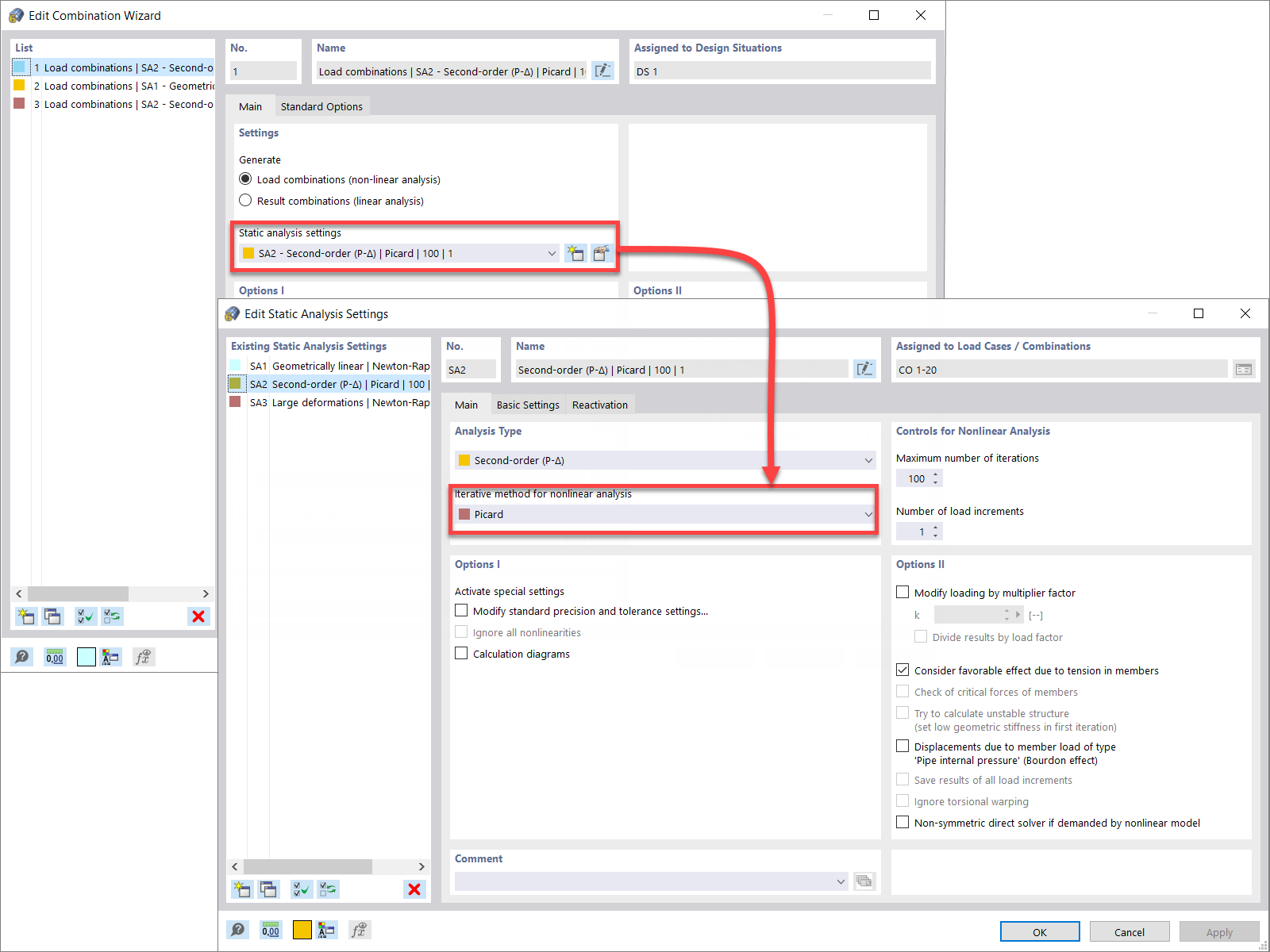 Configuración del análisis estático de segundo orden para situaciones de proyecto