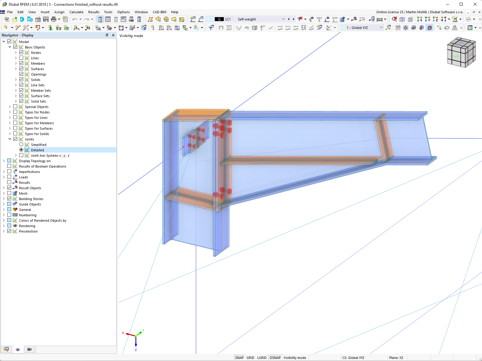 Visualización detallada de la conexión de acero en el modelo de estructura alámbrica | Uniones de acero para RFEM 6