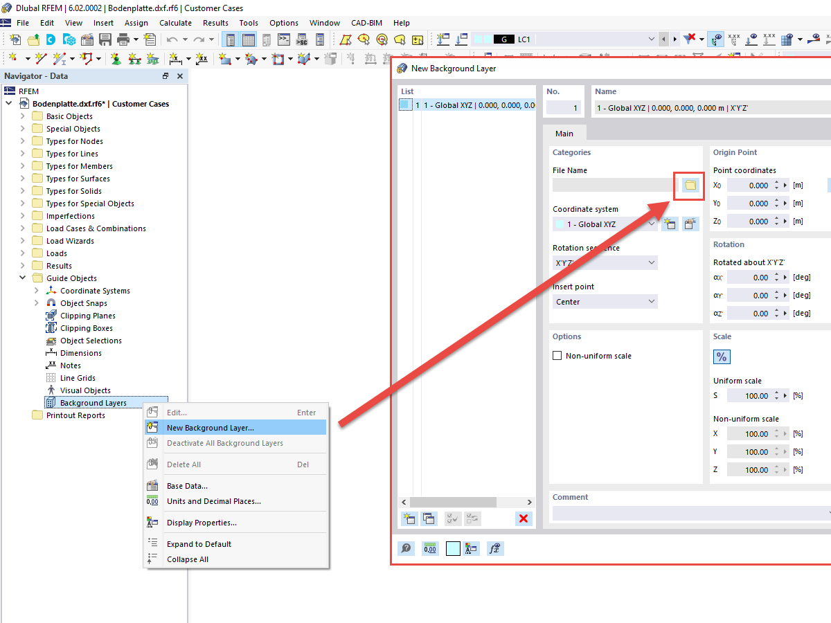 FAQ 005220 | ¿Cómo puedo insertar un archivo DXF como capa de fondo en RFEM 6 o RSTAB 9?