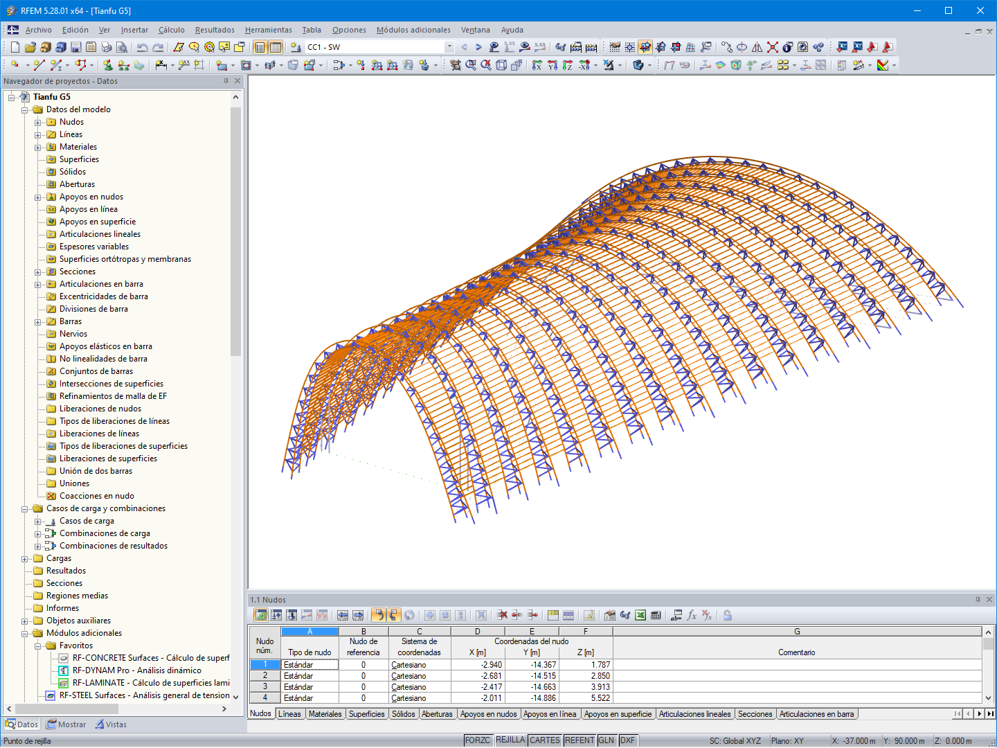 Modelo en 3D de una nave en arco en RFEM (© StructureCraft)