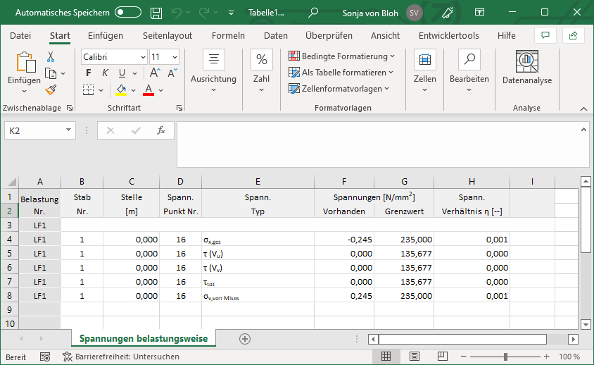Hoja de cálculo de Excel con tensiones