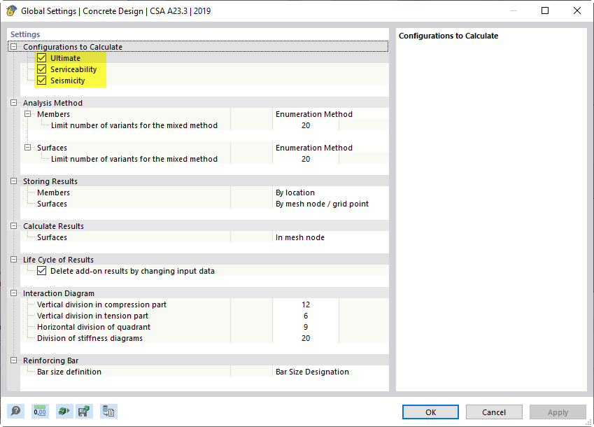 Configuraciones para cálculo de hormigón según CSA A23.3