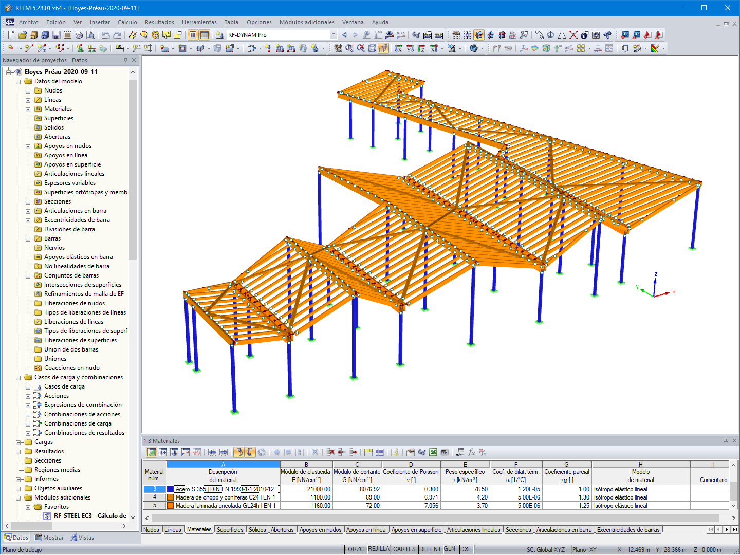 Estructura del pórtico del patio modelado en RFEM (© D-Bois)