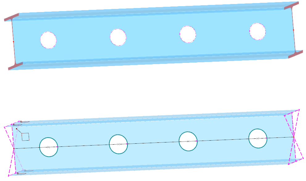 Representación como modelo de barra (arriba) y como modelo de superficies (abajo)