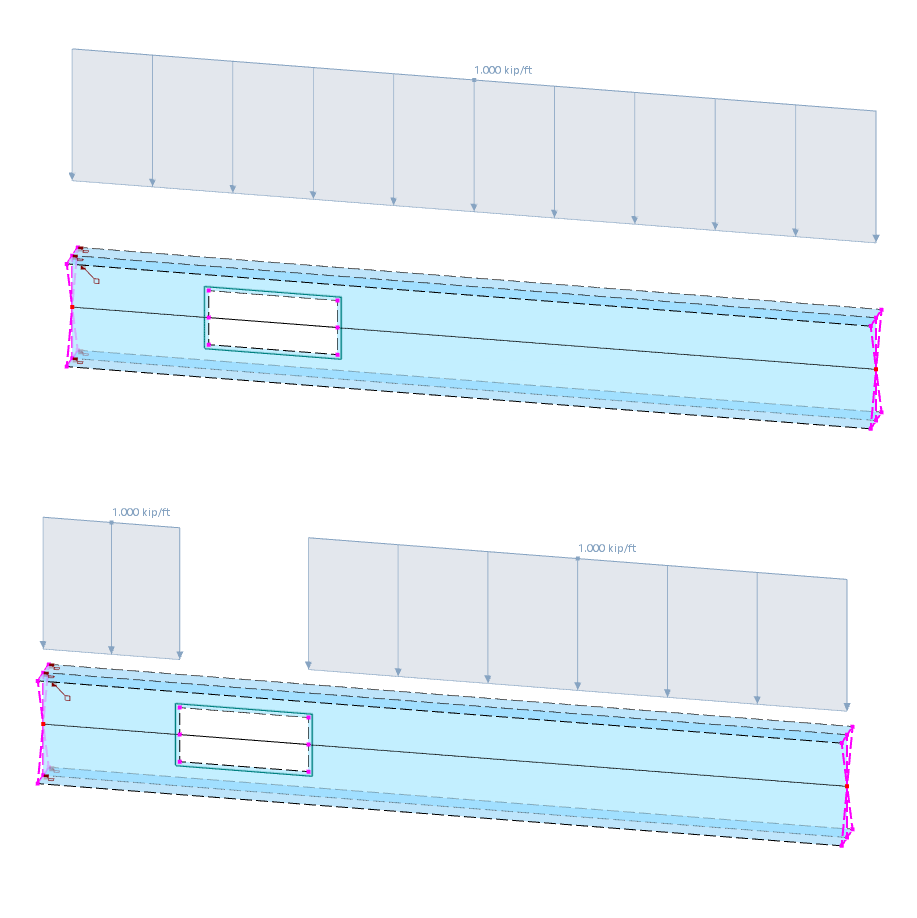 Modelo de barra (arriba) y modelo de superficies (abajo) con carga en el eje del centro de gravedad de la barra