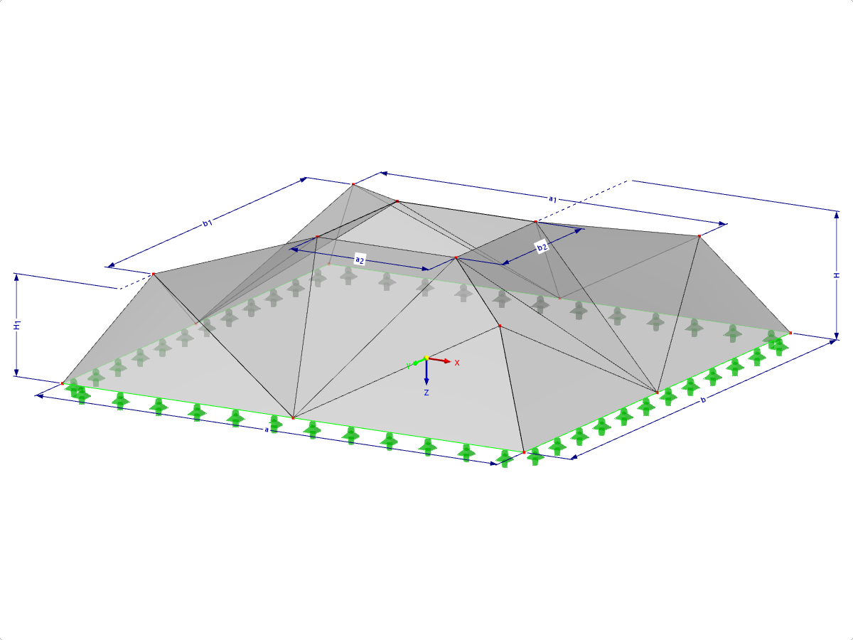 Modelo 000504 | FPC031 | Sistemas de estructuras piramidales plegadas. Pirámide truncada doblemente plegada. Plano de planta rectangular con parámetros