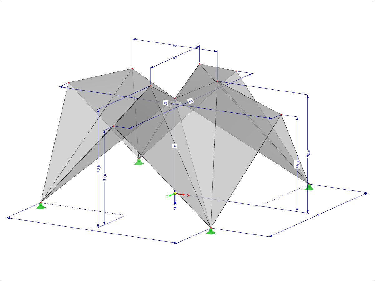 Modelo 000532 | FPC013 | Sistemas de estructuras plegadas prismáticas | Superficies plegadas en cruz sobre un plano de planta rectangular, crestas plegadas hacia arriba con parámetros