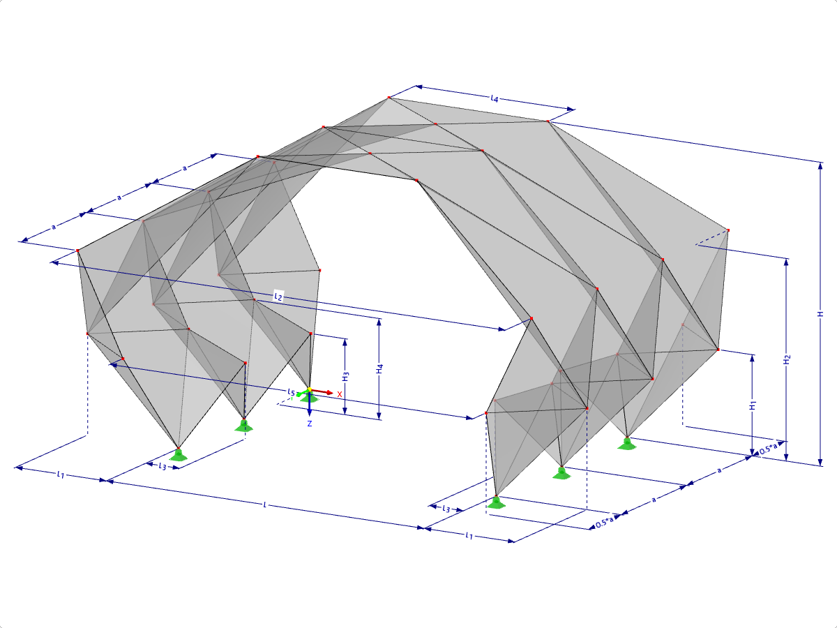 Modelo 000550 | FPL125-b (variante más general de 034-FPL125-a) | Sistemas de estructuras plegadas prismáticas. Sistema de estructura lineal compuesto por superficies plegadas. Arco de tres articulaciones con parámetros
