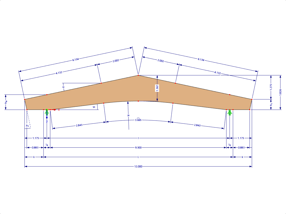 Modelo 000605 | GLB0602 | Viga laminada encolada | Inclinado combado | Altura variable | Simétrico | Voladizos horizontales | Sin cuña de cumbrera suelta con parámetros