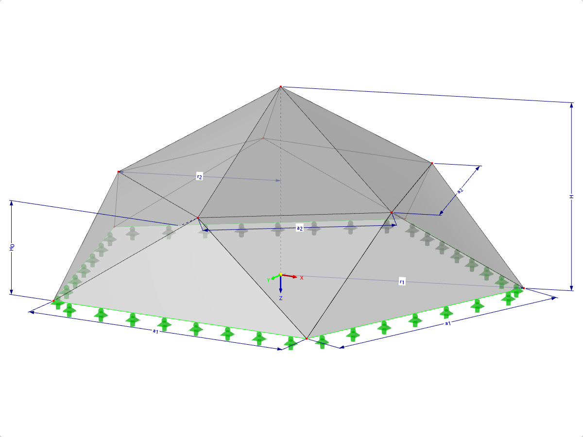 Modelo 001326 | FPC022-b (variante más general de 034-FPC022-a) | Sistemas de estructuras piramidales plegadas. Superficies triangulares plegadas. Planta pentagonal con parámetros