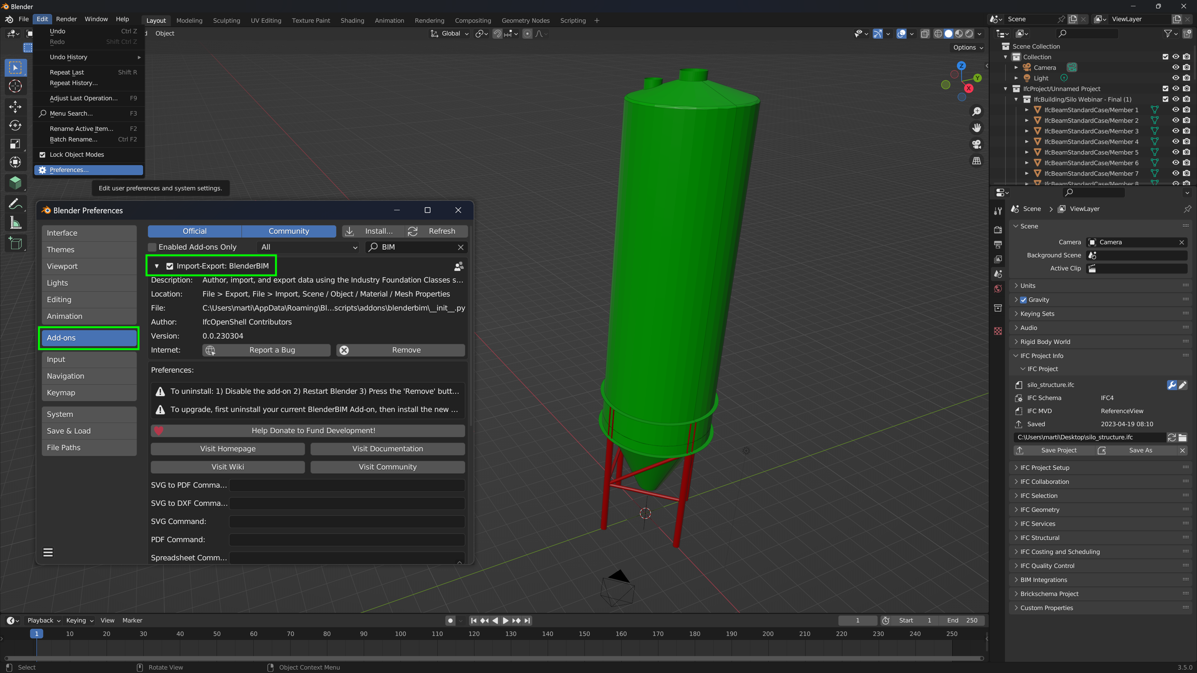 Figura 4: Activando el complemento BIM en Blender