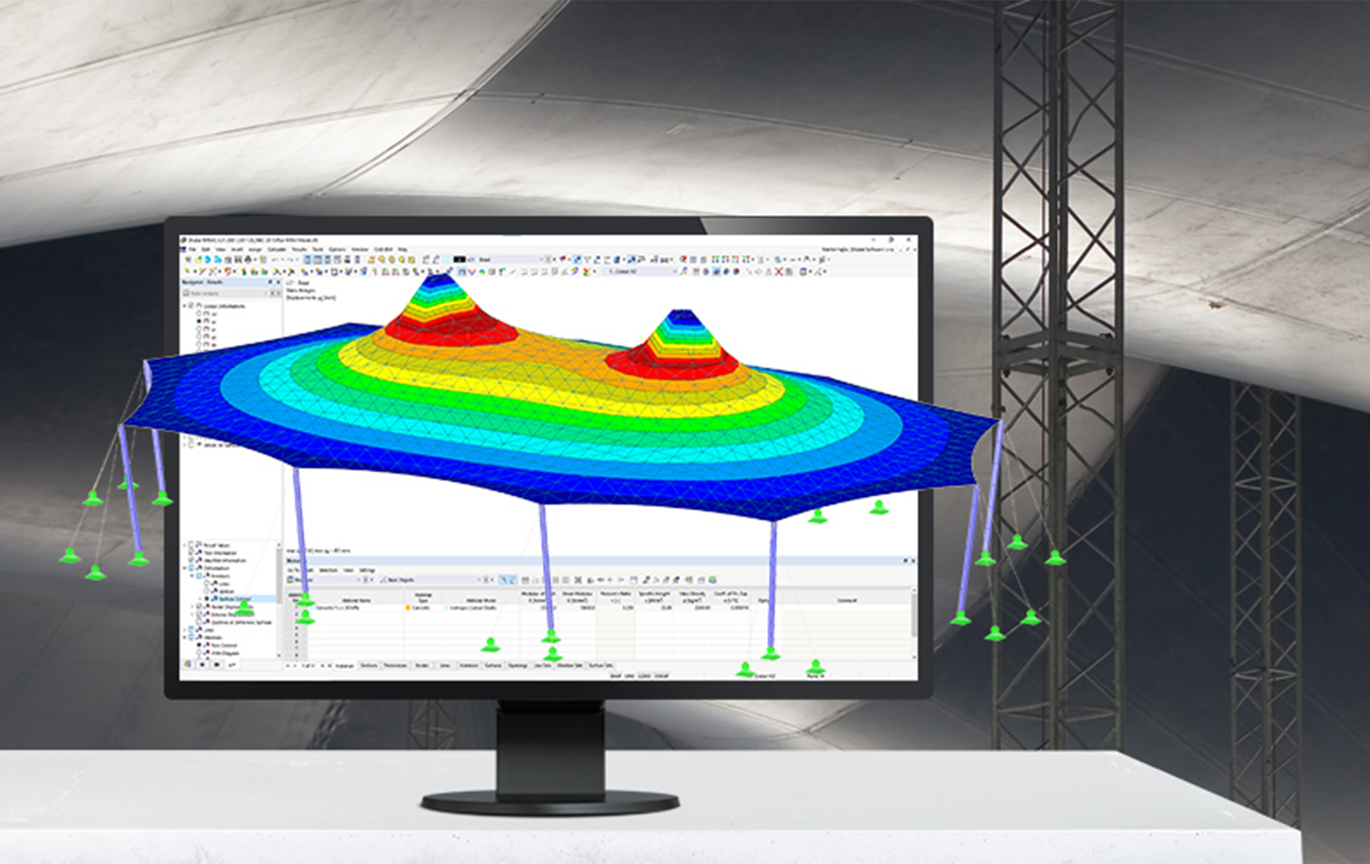 Análisis de estructuras de membranas y cables tensados, cáscaras y barras