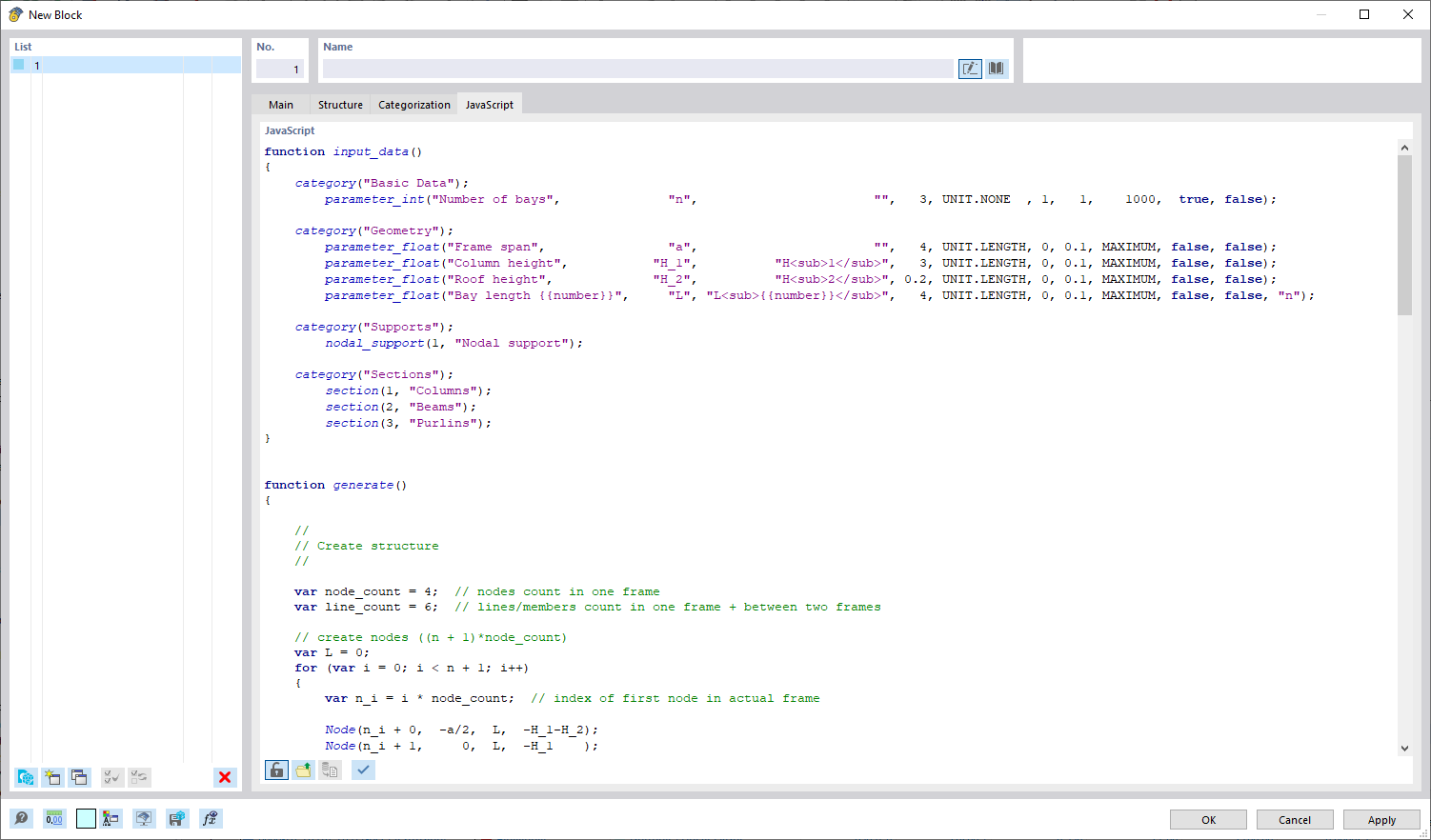 Cuadro de diálogo "Editar bloques", pestaña "JavaScript"