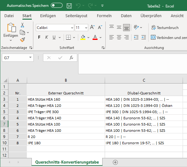 Tabla de conversión, exportación a Excel