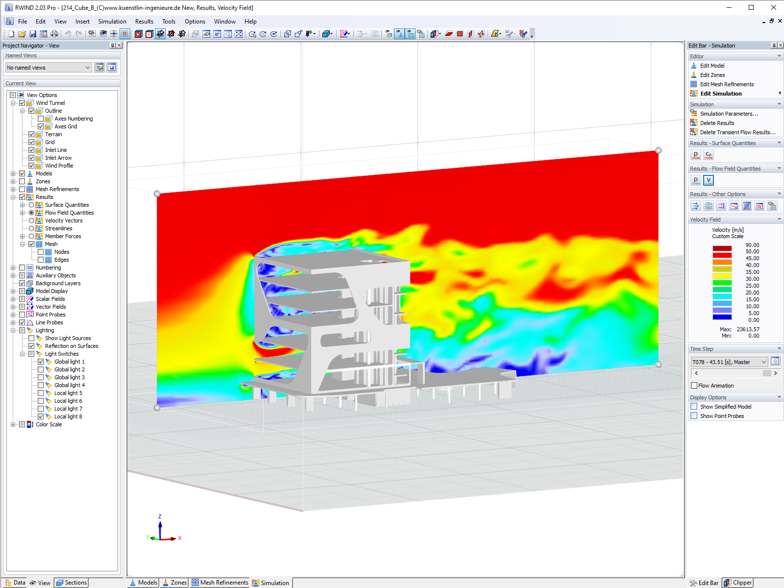 Modelo CFD numérico simula flujos de viento en túnel de viento digital