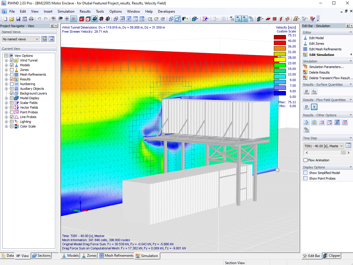 La estructura de contenedores en túnel de viento digital en RWIND