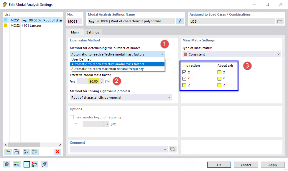 Ajuste de la configuración del análisis modal