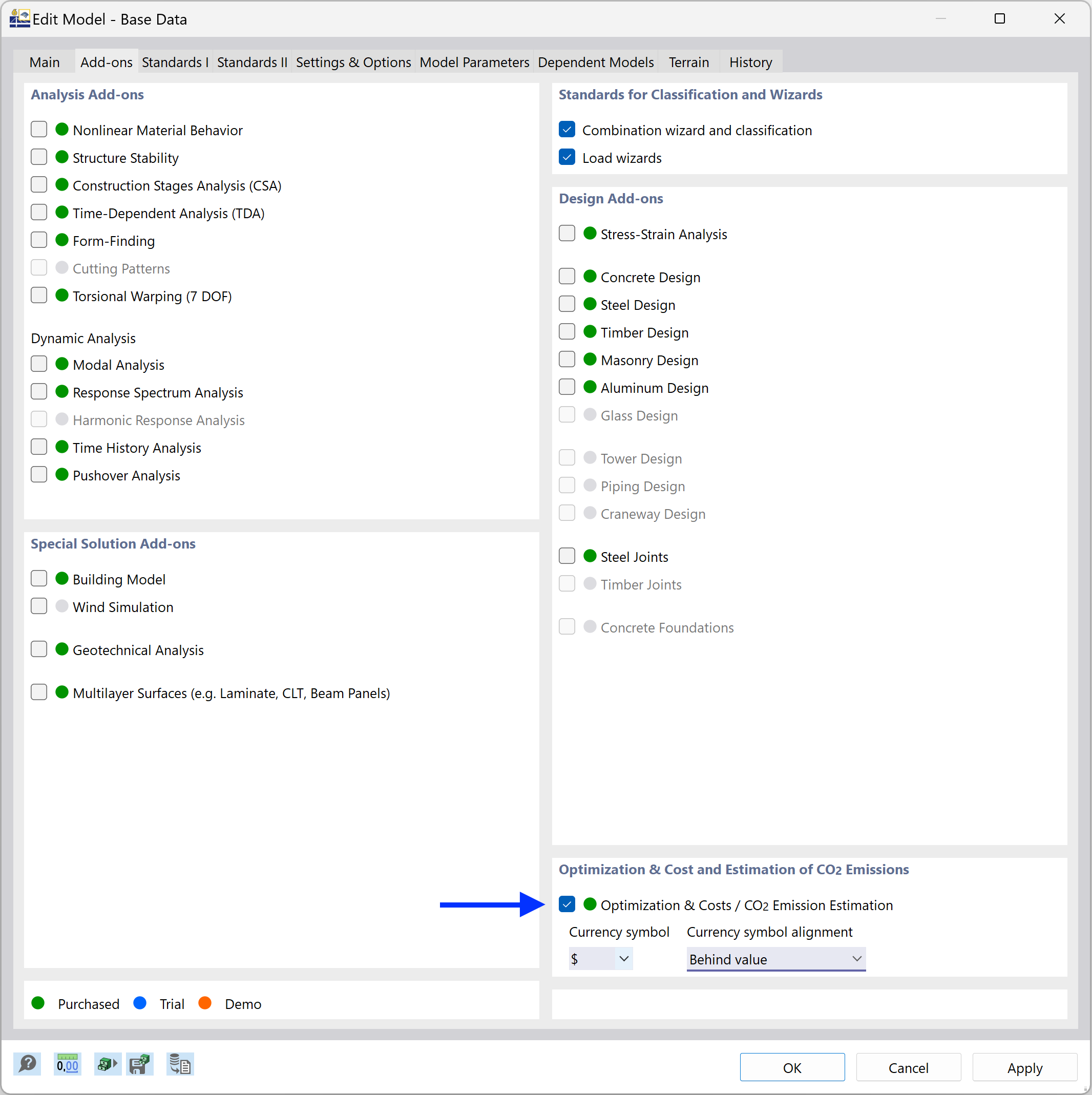 Activación del complemento "Optimización y estimación de coste/emisiones de CO2"