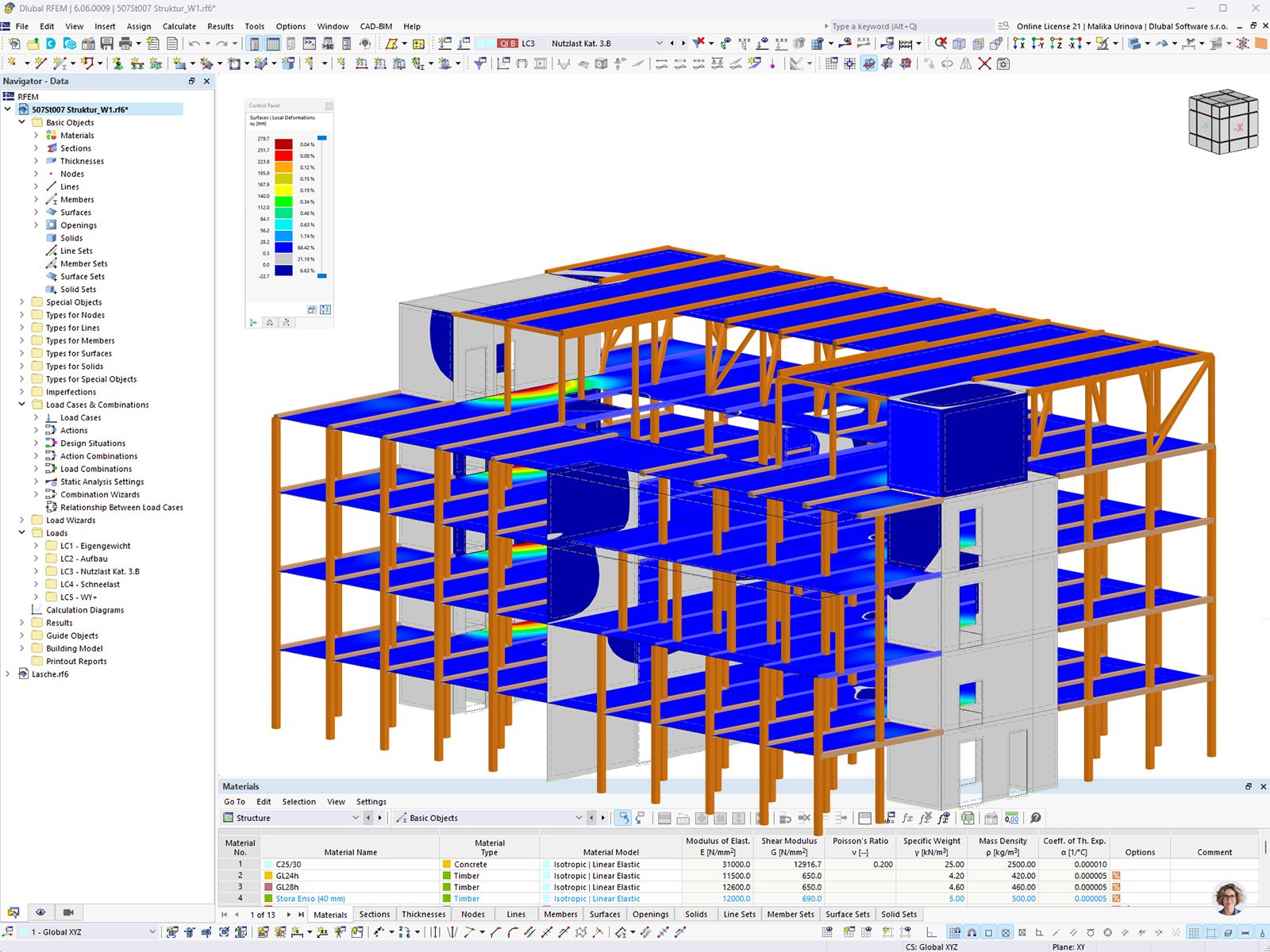 Modelo de RFEM del edificio de laboratorios con deformaciones | © Lignaconsult