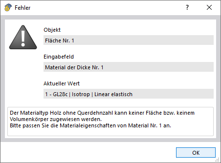 Pregunta frecuente 005576 | Wieso erhalte ich bei der Definition von Holzflächen eine Fehlermeldung zu ungültigem Material?