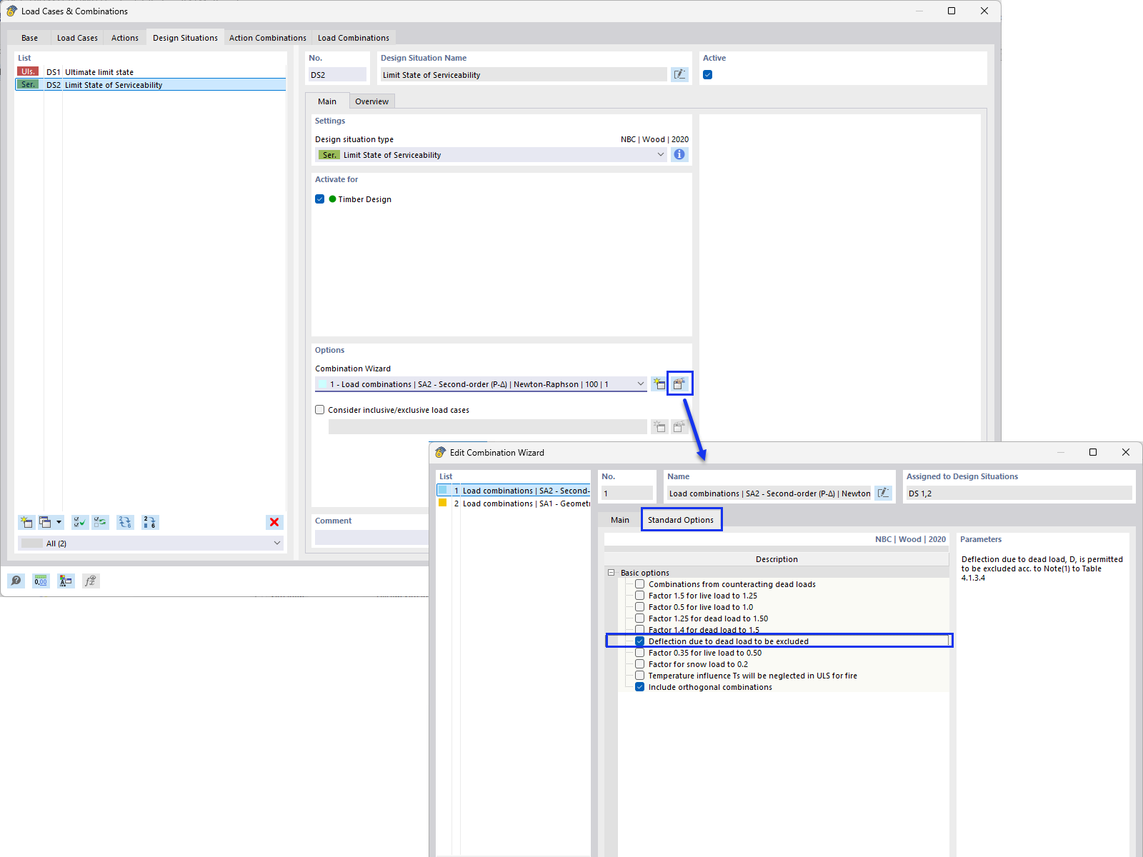 Pregunta frecuente 005594 | How can I exclude the dead load in NBC load combinations when performing a deflection check?