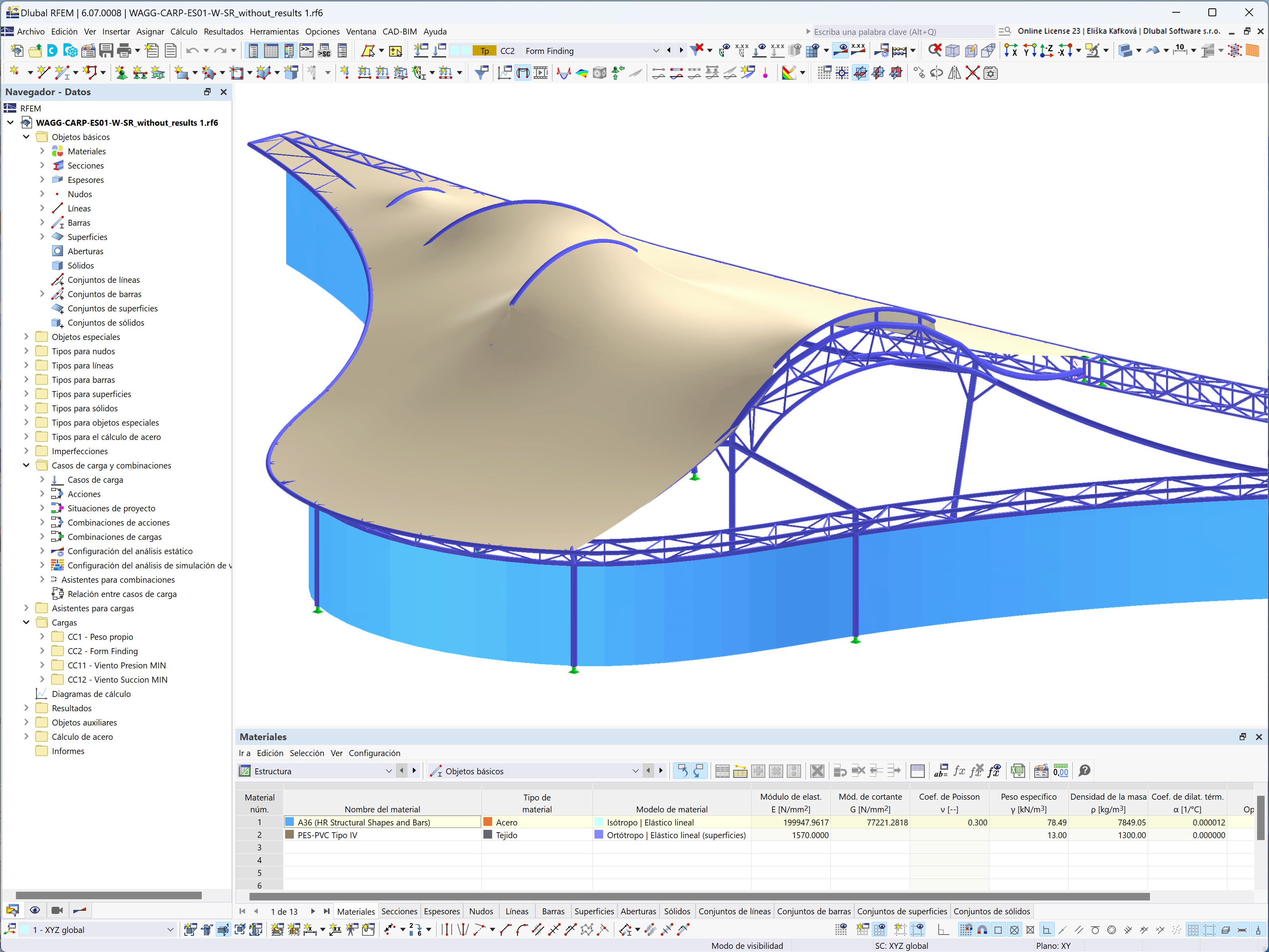 Modelo de RFEM con detalle de la estructura metálica y la membrana sin deformar (© Ing. Agustin Alvarez Sarrieta)