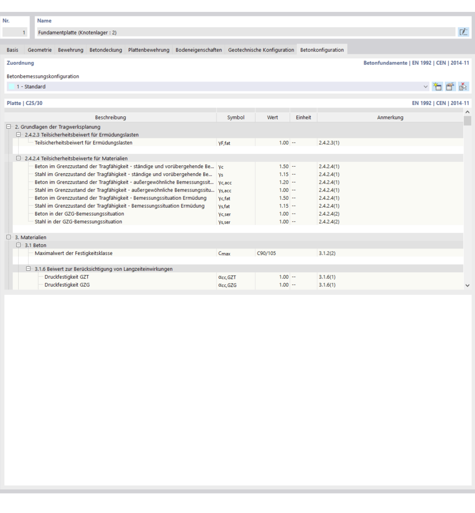 Cimentaciones de hormigón | Configuración de cálculo de hormigón