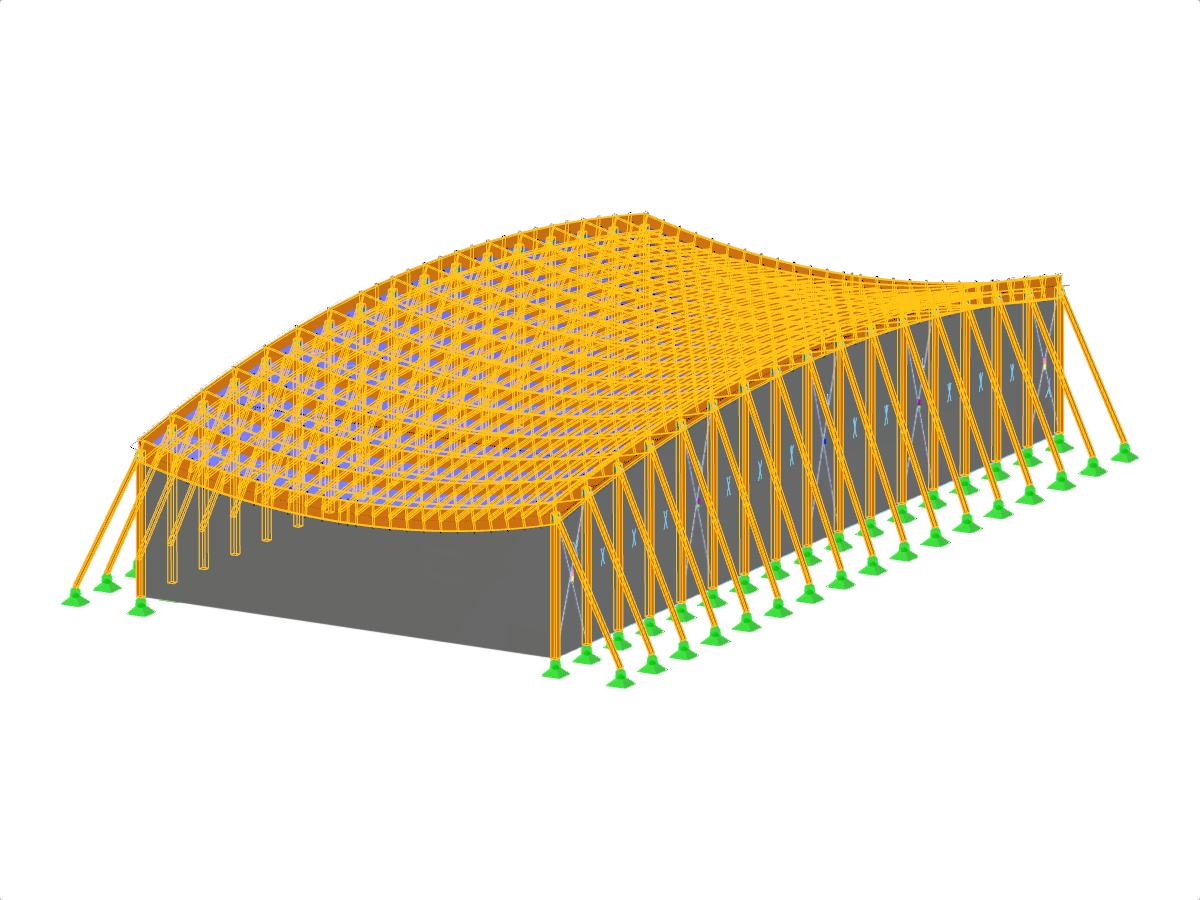 GT 000499 | Proyecto de diseño de la estructura de un pabellón deportivo de madera compuesta de vigas de madera laminada curvas sobre pilares en forma de V