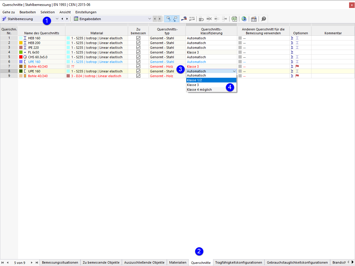 Querschnittsklasse für Stahlbemessung ändern