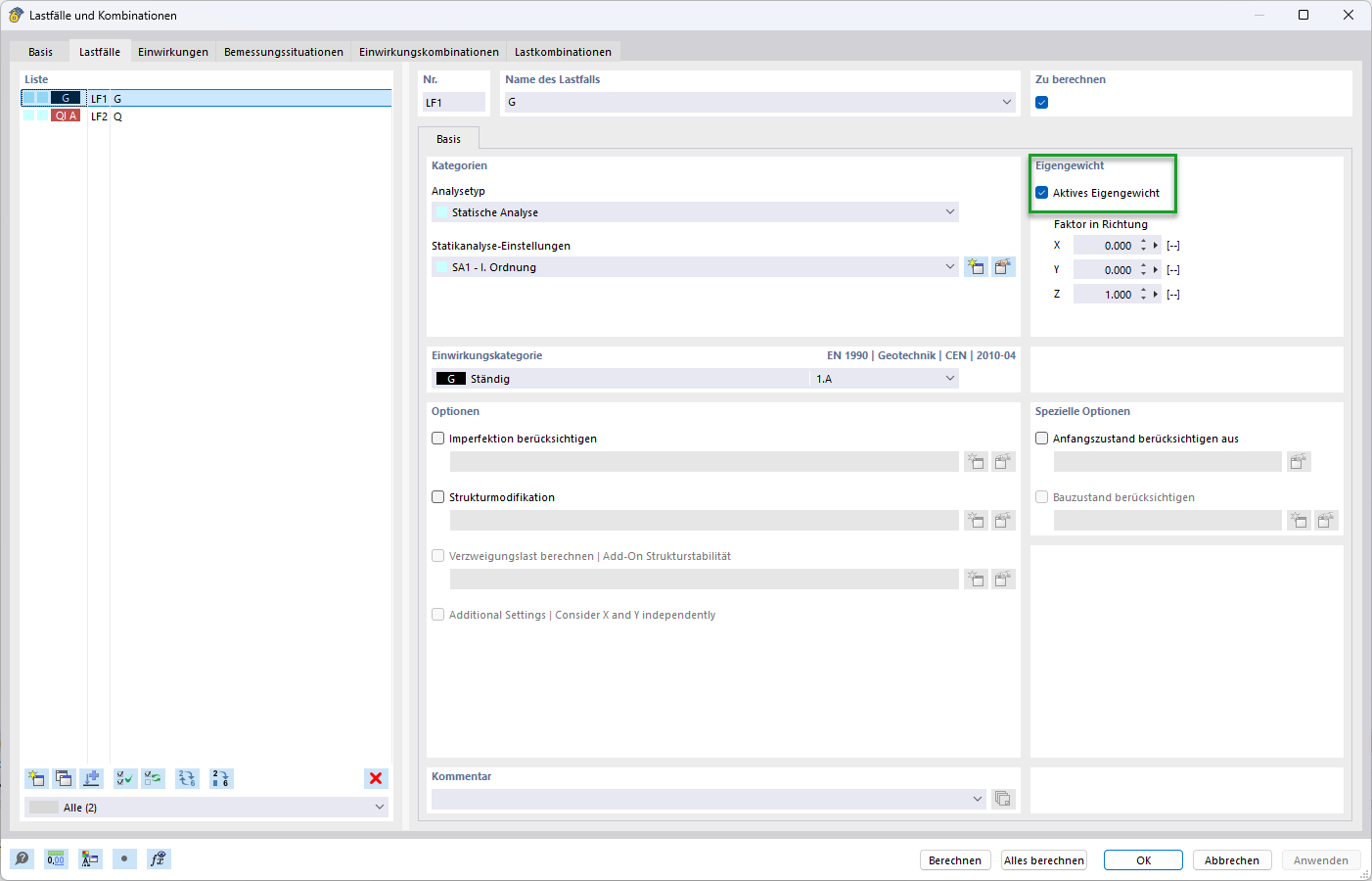 Cuadro de diálogo "Casos de carga y combinaciones" | Configuración "Peso propio activo"