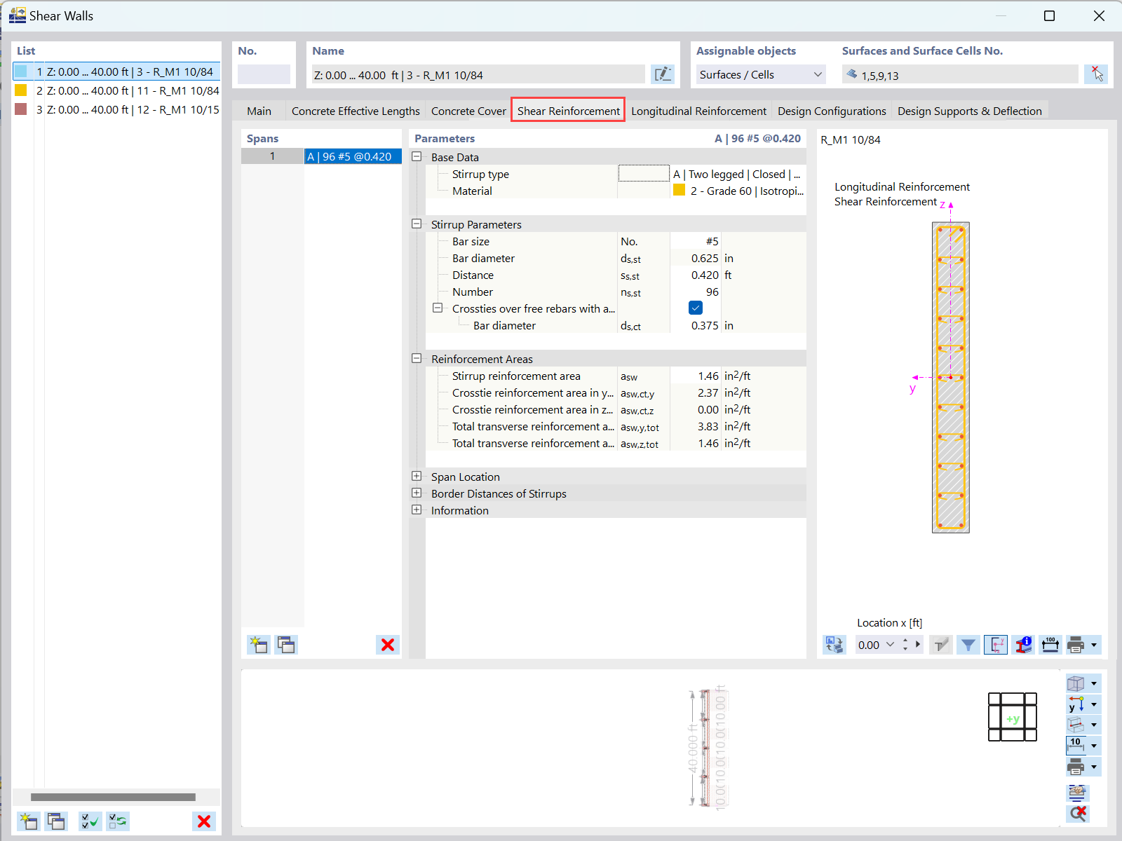 Propiedades de diseño de refuerzo contra cortante visualizadas en software Dlubal.