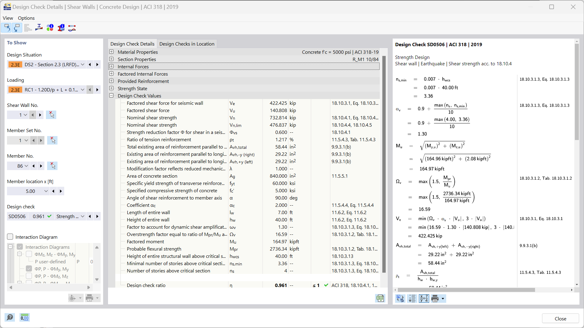 Detalles de verificación de diseño en software de ingeniería estructural