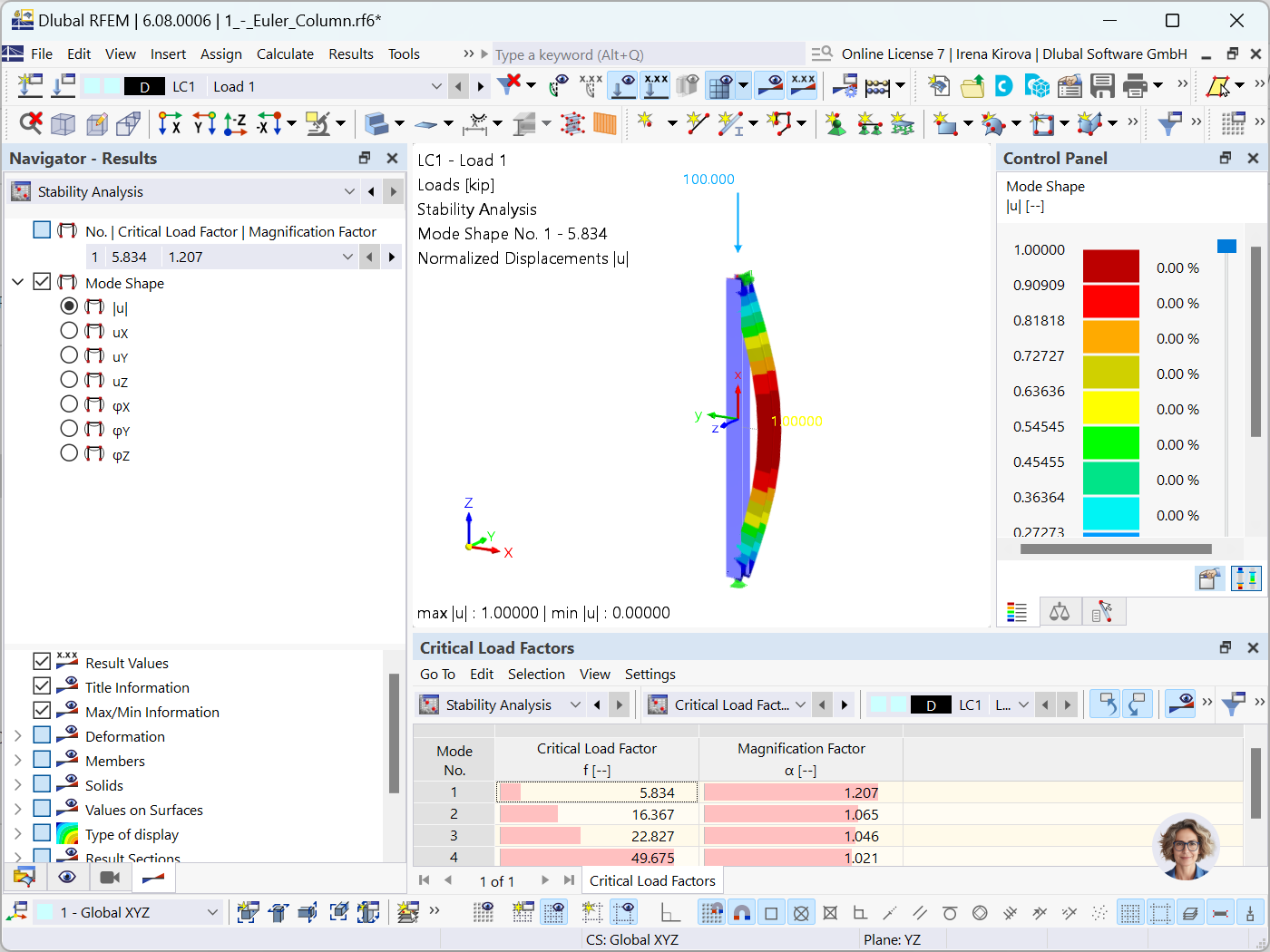 Modelo de ingeniería de análisis de pandeo por flexión en software estructural.