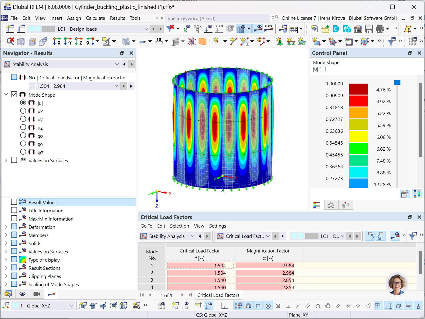 Ejemplo de pandeo de cascarón con visualización de software Dlubal.