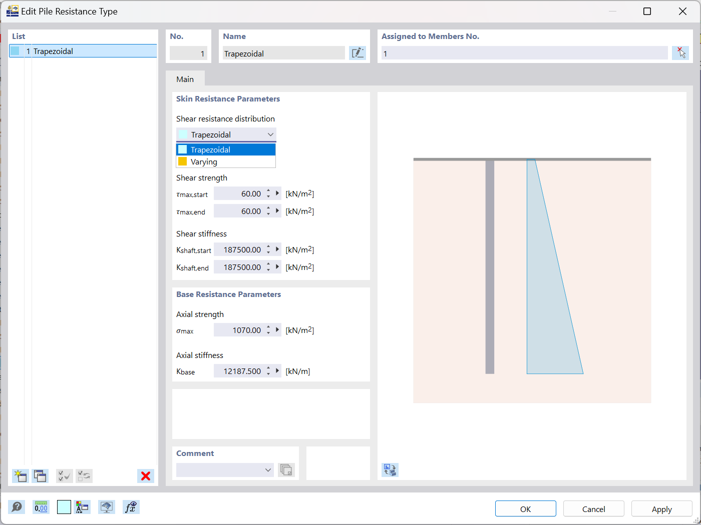 Interfaz de RFEM 6 mostrando configuración de parámetros de resistencia de pilotes