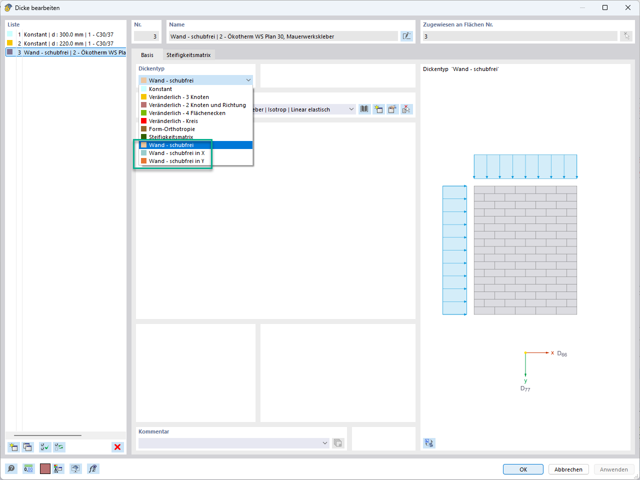 Diálogo de RFEM para seleccionar espesores de pared sin cizallamiento, tipos de pared, pared de acoplamiento