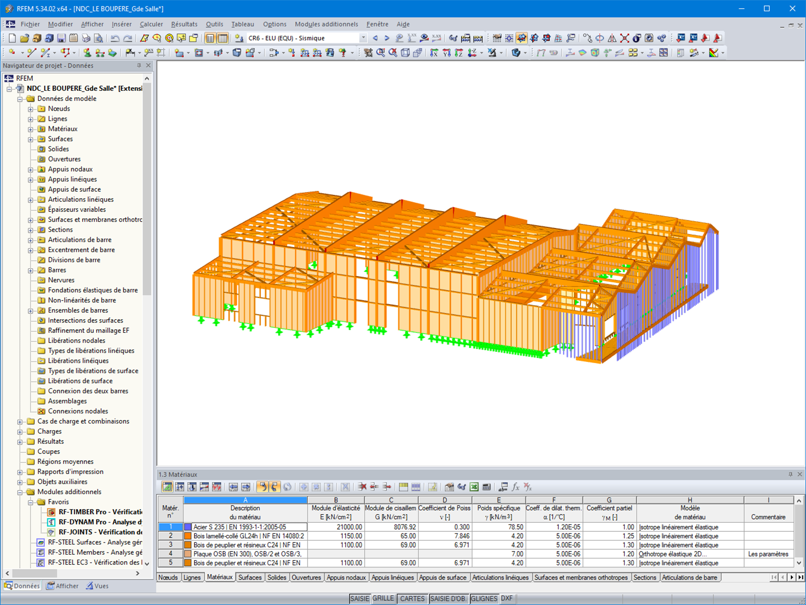 Modelo de un gimnasio de madera en RFEM 5 que ilustra la renovación y ampliación del edificio escolar.