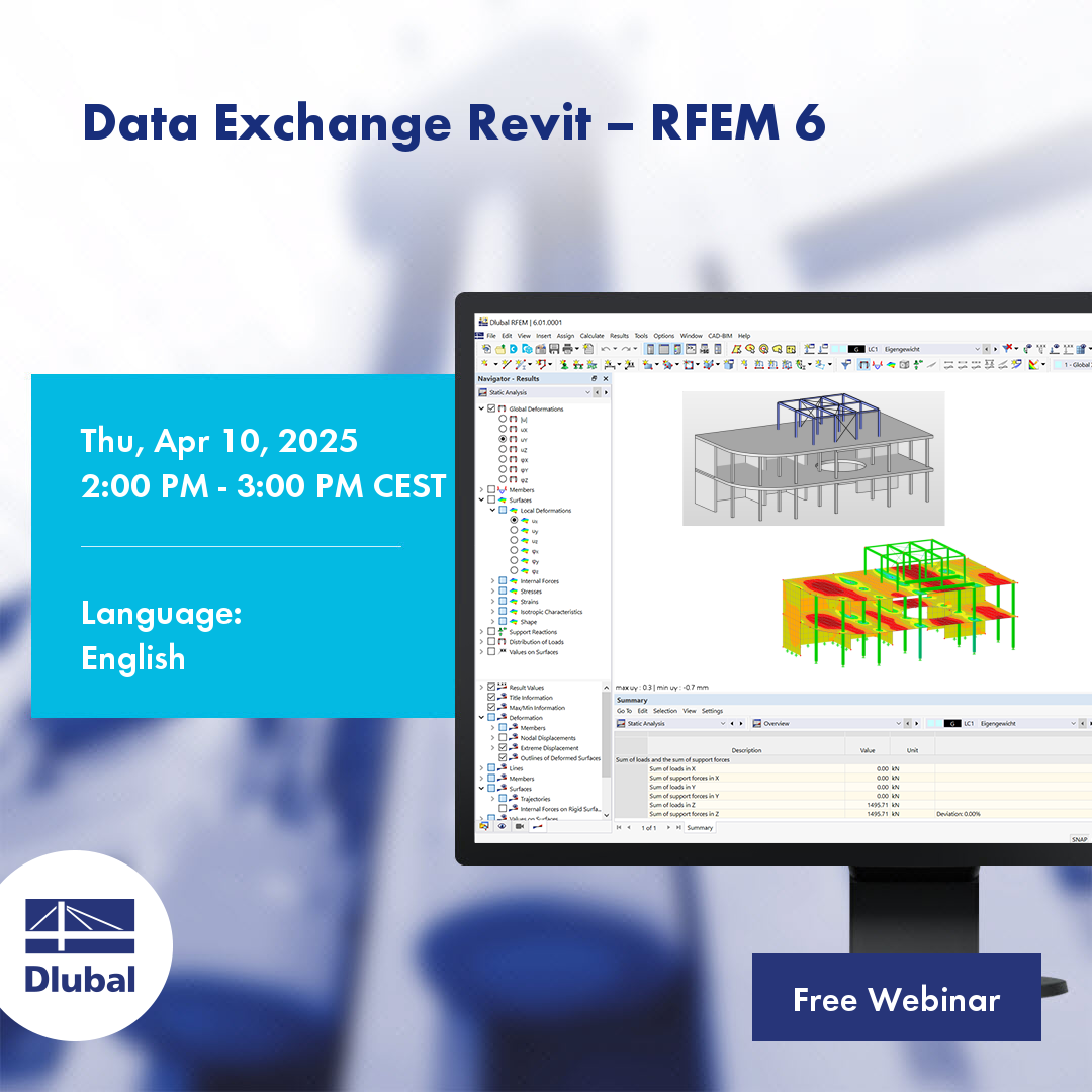 La imagen muestra detalles del evento para un seminario web sobre el intercambio de datos entre Revit y RFEM 6 programado para el 10 de abril de 2025.