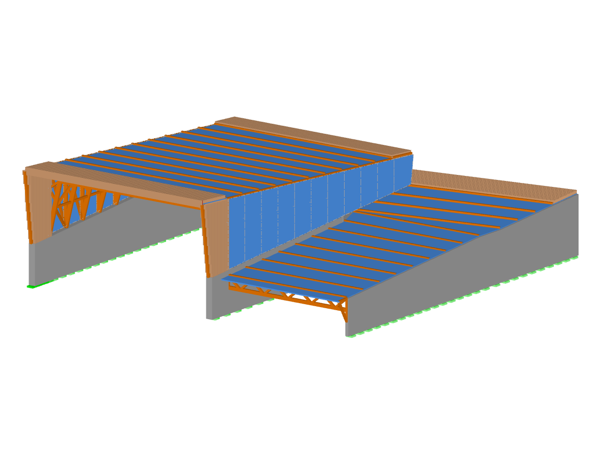 Modelo estructural 3D de la estación de un teleférico 3S, ilustrando cargas de viento y nieve