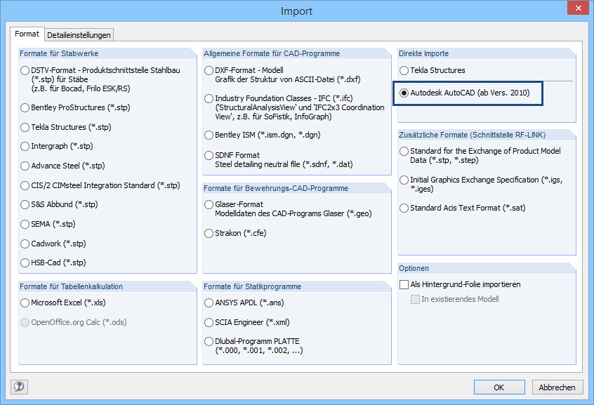 Options d'importation dans RFEM 6