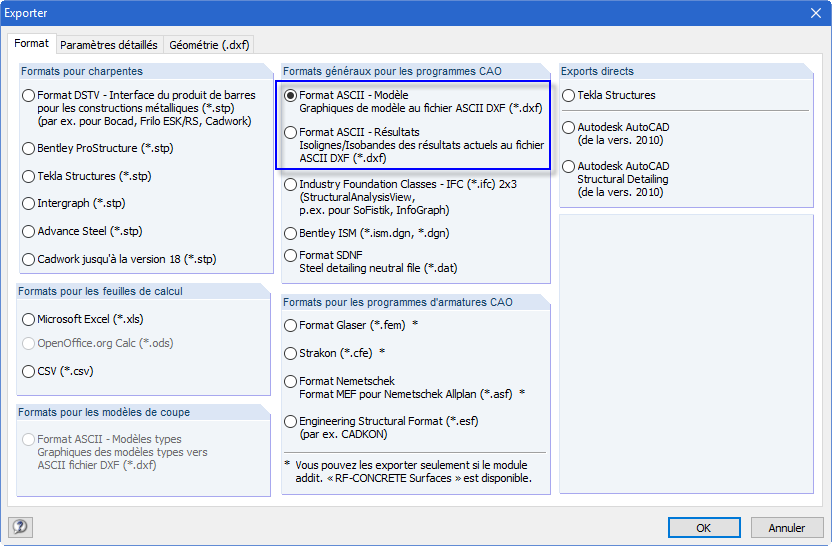 Export DXF de RFEM vers AutoCAD