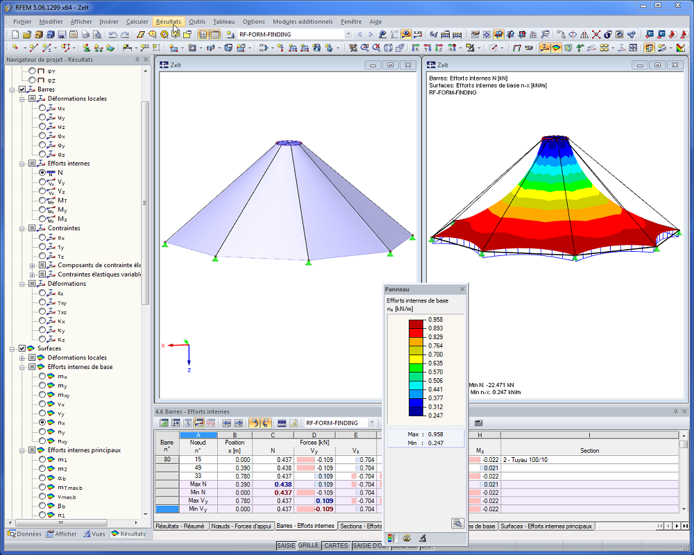 Structure de tente avant et après recherche de forme dans RFEM