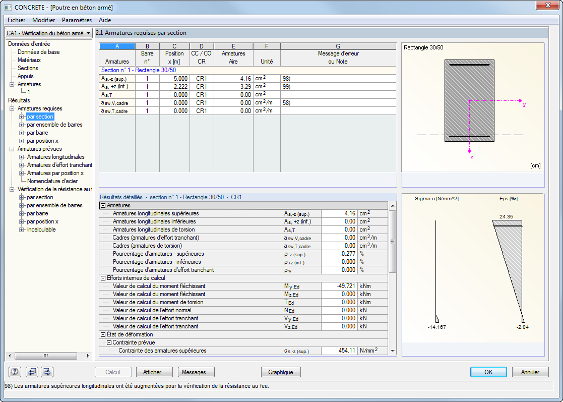 Fenêtre 2.1 Armatures requises par section