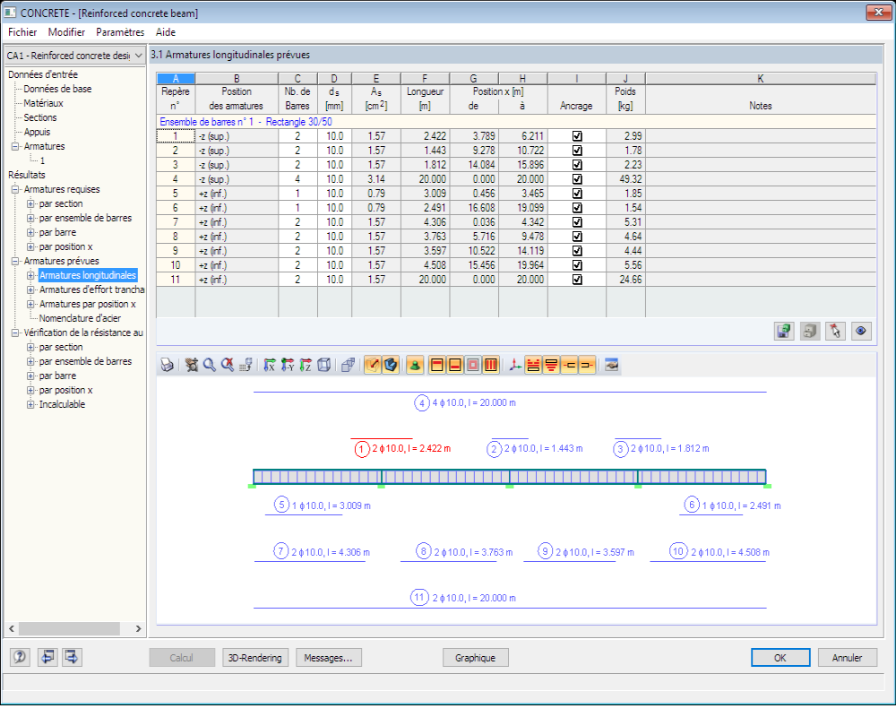 Fenêtre 3.1 Armatures longitudinales prévues