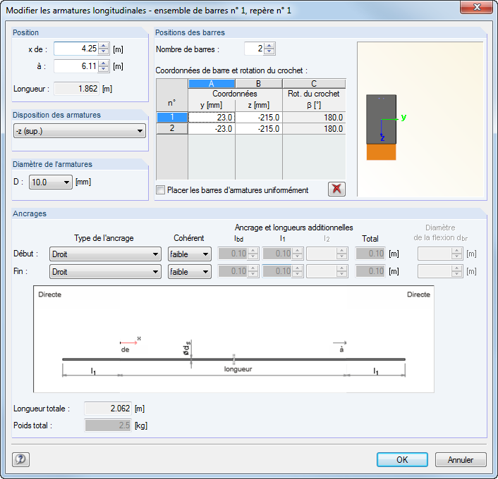 Modifier les armatures longitudinales