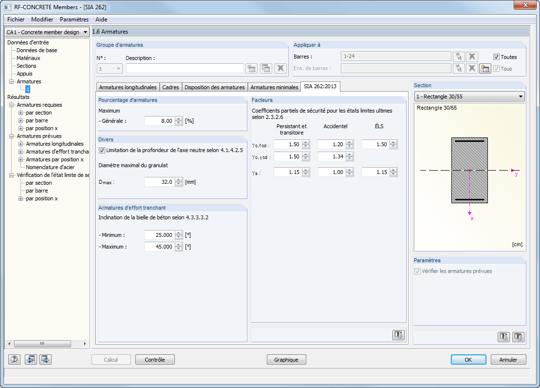 Maske 1.6 Bewehrung - Register SIA 262 (RF-BETON Stäbe)